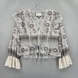 Alexis Blouse Womens XS Gray Lace Ruffle Peplum Sheer Embroidered Boho Paisley